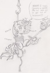 Size: 2050x3005 | Tagged: safe, artist:darkknighthoof, oc, oc only, oc:incendia, pony, unicorn, fanfic:antipodes, blushing, bondage, feather, female, fire, hoof fetish, hook, hooves, mare, monochrome, rope, rope bondage, sketch, solo, suspended, tickle torture, tickling, traditional art