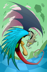 Size: 1181x1800 | Tagged: safe, artist:underpable, discord, draconequus, g4, chaos, discorded landscape, floating island, flying, green sky, male, solo, spread wings, wings