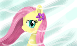 Size: 854x512 | Tagged: safe, artist:evomanaphy, fluttershy, pegasus, pony, g4, 3ds, abstract background, accessory, blushing, bust, female, flower, flower on ear, green background, looking at you, looking sideways, mare, side view, simple background, smiling, solo, white background, wind, windswept mane