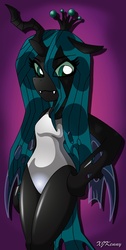 Size: 550x1088 | Tagged: safe, artist:xjkenny, queen chrysalis, changeling, changeling queen, anthro, unguligrade anthro, g4, arm hooves, clothes, crown, female, jewelry, legs together, one-piece swimsuit, regalia, swimsuit, white swimsuit