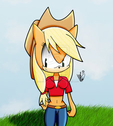 Size: 976x1084 | Tagged: safe, artist:alexthf, applejack, anthro, g4, female, solo, sonic the hedgehog (series), sonicified, species swap, style emulation