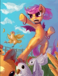 Size: 940x1238 | Tagged: safe, artist:paladin, scootaloo, chicken, g4, bat wings, crossover, disgaea, etna, meme, scootachicken