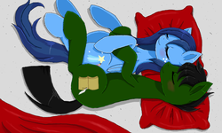 Size: 854x512 | Tagged: safe, artist:evomanaphy, oc, oc only, earth pony, pegasus, pony, blushing, cuddling, eyes closed, female, hug, male, on side, pillow, smiling, spooning, straight