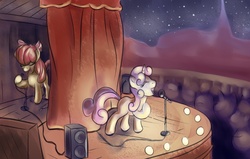 Size: 3280x2080 | Tagged: safe, artist:viwrastupr, apple bloom, sweetie belle, earth pony, pony, unicorn, g4, background pony, lip sync, michelle creber, microphone, singing, stage, voice actor joke