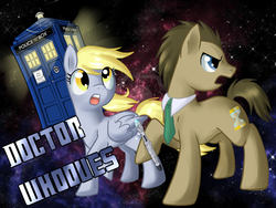 Size: 1024x768 | Tagged: safe, artist:annakitsun3, derpy hooves, doctor whooves, time turner, pegasus, pony, g4, doctor who, female, mare, necktie, sonic screwdriver, tardis