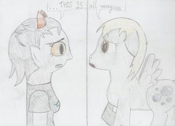 Size: 1024x743 | Tagged: safe, artist:fizzycolalizzie, derpy hooves, pegasus, pony, g4, colored pencil drawing, crossover, duo, female, homestuck, mare, terezi pyrope, traditional art, troll (homestuck)