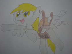 Size: 1032x774 | Tagged: safe, artist:uniqueskd, derpy hooves, pegasus, pony, g4, bag, female, flying, happy, letter, mail, mailbag, mailmare, mailpony, mare, solo, traditional art