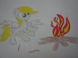 Size: 1024x768 | Tagged: safe, artist:uniqueskd, derpy hooves, pegasus, pony, g4, bonfire, campfire, female, fire, mare, solo, traditional art