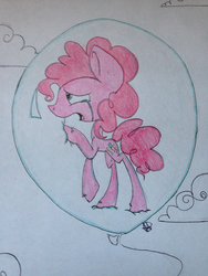 Size: 1024x1365 | Tagged: safe, artist:papermonster2000, pinkie pie, g4, balloon, crying, female, pinkie pie trapped in a balloon, sad, solo, then watch her balloons lift her up to the sky, traditional art