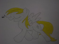 Size: 1032x774 | Tagged: safe, artist:uniqueskd, derpy hooves, pegasus, pony, g4, female, mare, music notes, solo, traditional art