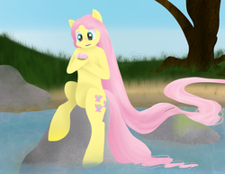 Size: 3300x2550 | Tagged: safe, artist:dozymouse, fluttershy, g4, crossover, female, parody, river, solo, tangled (disney)