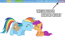 Size: 770x434 | Tagged: safe, edit, screencap, rainbow dash, scootaloo, g4, cute, happy, image macro, nuzzling, saddle bag, score, smiling