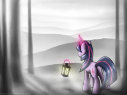 Size: 2796x2079 | Tagged: safe, artist:moonlightfl, twilight sparkle, pony, unicorn, g4, everfree forest, fog, horn, lamp, lantern, magic, telekinesis, tree, unicorn twilight