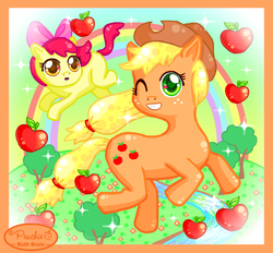 Size: 662x615 | Tagged: safe, artist:princess-peachie, apple bloom, applejack, earth pony, pony, g4, apple, cowboy hat, cute, hat, jackabetes, looking at you, one eye closed, rainbow, tree, wink, winking at you