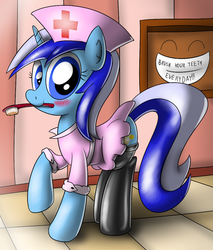 Size: 977x1148 | Tagged: safe, artist:ziemniax, minuette, pony, series:ziemniax's nurse ponies, g4, clothes, cute, female, nurse, socks, solo, stockings, thigh highs, toothbrush