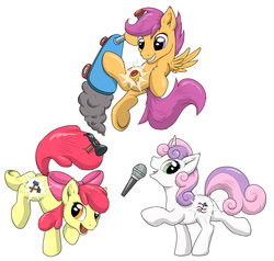 Size: 3500x3333 | Tagged: safe, artist:mekamaned, apple bloom, scootaloo, sweetie belle, g4, cutie mark, cutie mark crusaders, hammer, high res, microphone, scooter