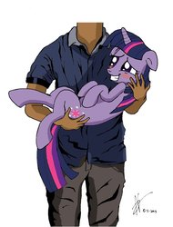 Size: 780x1025 | Tagged: safe, artist:coulicath, twilight sparkle, human, pony, g4, blushing, carrying, cute, duo, floppy ears, grin, holding a pony, shy, smiling