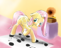 Size: 987x774 | Tagged: safe, artist:cybermananon, fluttershy, g4, blushing, cute, dance lesson, dancing, floppy ears, hilarious in hindsight, phonograph, shyabetes