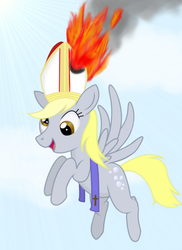 Size: 561x771 | Tagged: safe, artist:simeonleonard, derpy hooves, pegasus, pony, g4, catholicism, christianity, cross, female, fire, habemus papam, hat, mare, pope, popess, solo, this will end in death, this will end in tears, xk-class end-of-the-world scenario