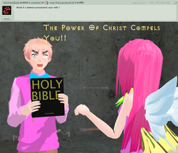 Size: 1008x868 | Tagged: safe, artist:ask-thecupcakespair, pinkie pie, human, g4, barely pony related, bible, crossover, cupcake, duo, england, hetalia, humanized, pinkamena diane pie, religion, the exorcist, wat