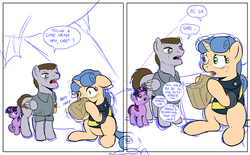 Size: 1000x620 | Tagged: safe, artist:muffinshire, twilight sparkle, oc, oc:sergeant thunderhead, pegasus, pony, unicorn, comic:twilight's first day, g4, comic, dexterous hooves, filly, hyperventilating, paper bag, scar, wip