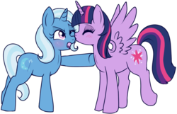 Size: 659x425 | Tagged: safe, artist:lulubell, trixie, twilight sparkle, alicorn, pony, unicorn, g4, cheek kiss, duo, female, kissing, lesbian, mare, ship:twixie, shipping, simple background, transparent background, tsundere, tsunderixie, twilight sparkle (alicorn)