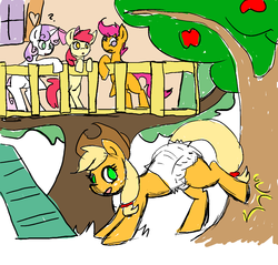 Size: 1248x1192 | Tagged: safe, artist:glitterpanda, apple bloom, applejack, scootaloo, sweetie belle, earth pony, pegasus, pony, unicorn, g4, apple, applebucking, cutie mark crusaders, diaper, diaper fetish, female, filly, foal, food, mare, non-baby in diaper, tree