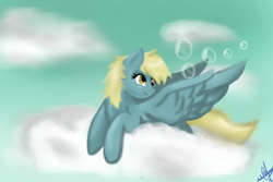 Size: 960x640 | Tagged: safe, artist:misheru25, derpy hooves, pegasus, pony, g4, bubble, cloud, cloudy, female, mare, solo