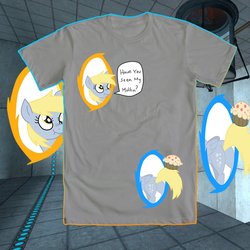 Size: 894x894 | Tagged: safe, artist:itsaaudraw, derpy hooves, pegasus, pony, g4, clothes, female, mare, portal, portal (valve), shirt, solo, t-shirt