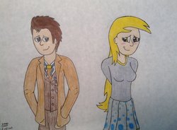 Size: 1024x752 | Tagged: safe, artist:stevethepencil, derpy hooves, doctor whooves, time turner, human, g4, blushing, clothes, dress, female, humanized, male, ship:doctorderpy, shipping, straight, traditional art, underp