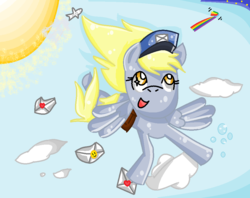 Size: 970x768 | Tagged: safe, artist:sonicspeed192, derpy hooves, pegasus, pony, g4, bubble, cloud, female, flying, hat, letter, mail, mailmare, mailpony, mare, sky, solo, sun