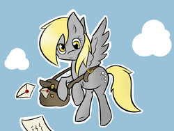 Size: 1024x768 | Tagged: safe, artist:skune, derpy hooves, pegasus, pony, g4, bag, cloud, female, letter, mail, mailbag, mailmare, mailpony, mare, solo