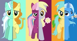 Size: 1024x549 | Tagged: safe, artist:bico-kun, carrot top, cheerilee, derpy hooves, golden harvest, lyra heartstrings, sunshower raindrops, trixie, pegasus, pony, g4, alternate universe, angry, drinking, female, luna six, lunaverse, mare, swapped cutie marks, unamused, what my cutie mark is telling me