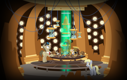 Size: 5593x3521 | Tagged: safe, artist:trotsworth, derpy hooves, doctor whooves, time turner, earth pony, pegasus, pony, absurd resolution, crossover, doctor who, female, hourglass, male, mare, scrunchy face, stallion, tardis, tardis console room, tardis control room, the doctor, vector, wallpaper