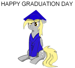 Size: 628x569 | Tagged: safe, artist:coltinthemoon, derpy hooves, pegasus, pony, g4, clothes, female, floppy ears, folded wings, graduation, graduation cap, hat, mare, simple background, sitting, smiling, solo, text, white background, wings