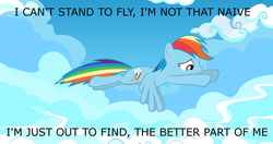 Size: 899x475 | Tagged: safe, rainbow dash, g4, female, five for fighting, flying, lyrics, male, solo, superman