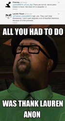 Size: 528x985 | Tagged: safe, /mlp/, barely pony related, big smoke, follow the damn train, glasses, grand theft auto, image macro, lauren faust, text, twitter
