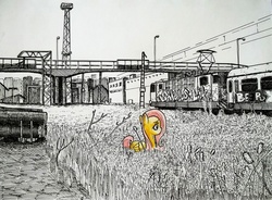 Size: 2044x1506 | Tagged: safe, artist:smellslikebeer, fluttershy, pegasus, pony, g4, black and white, bygone civilization, city, crosshatch, female, folded wings, graffiti, ink, looking down, monochrome, partial color, profile, solo, traditional art, train, urban