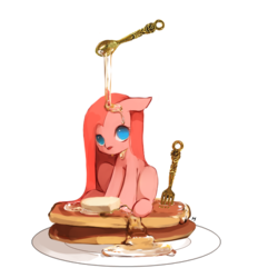 Size: 600x647 | Tagged: safe, artist:19ham, pinkie pie, g4, :p, butter, female, food, fork, messy, micro, pancakes, pinkamena diane pie, plate, ponies in food, solo, spoon, syrup, tongue out, wat