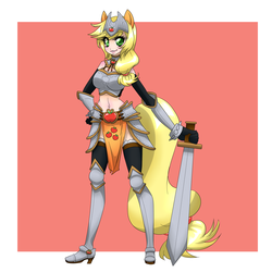 Size: 3240x3240 | Tagged: safe, artist:hotokotenshi, applejack, human, g4, armor, belly, belly button, eared humanization, female, humanized, midriff, skinny, solo, sword, tailed humanization, thin, weapon