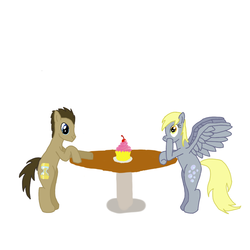 Size: 1000x1000 | Tagged: safe, artist:zetsu1919, derpy hooves, doctor whooves, time turner, earth pony, pony, g4, bipedal, cupcake, standing, table