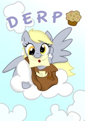 Size: 540x764 | Tagged: safe, artist:o-silversoul-o, derpy hooves, pegasus, pony, g4, bag, cloud, cloudy, derp, female, letter, mail, mailbag, mare, mouth hold, muffin, solo