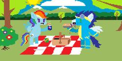 Size: 10144x5040 | Tagged: safe, artist:artistbrony, rainbow dash, soarin', pony, g4, absurd resolution, bipedal, female, hoof hold, jpg artifacts, male, pepsi, picnic, pie, pixel art, ship:soarindash, shipping, straight, that pony sure does love pies