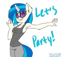 Size: 1258x1181 | Tagged: safe, dj pon-3, vinyl scratch, anthro, g4, armpits, clothes, female, pants, solo, tank top