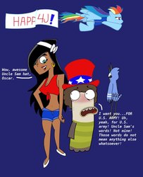 Size: 900x1108 | Tagged: safe, artist:cartuneslover16, rainbow dash, g4, belly button, cleavage, clothes, crossover, danny phantom, desiree, female, fish hooks, male, midriff, mordecai, oscar (fish hooks), regular show, shorts