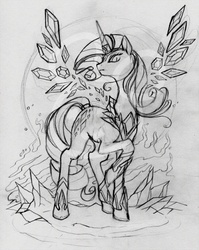 Size: 500x627 | Tagged: safe, artist:vertizontal, nightmare rarity, alicorn, pony, g4, alicornified, artificial wings, augmented, female, magic, magic wings, monochrome, race swap, raricorn, sketch, solo, traditional art, wings