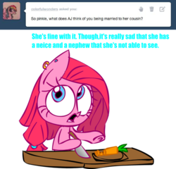 Size: 500x480 | Tagged: safe, artist:mushroomcookiebear, pinkie pie, earth pony, pony, g4, ask, carrot, cooking, female, food, pinkamena diane pie, simple background, solo, transparent background, tumblr