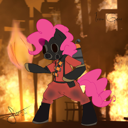 Size: 1280x1280 | Tagged: safe, artist:fatcakes, artist:iron gear, pinkie pie, earth pony, pony, g4, bipedal, crossover, female, fire, pyro (tf2), solo, team fortress 2