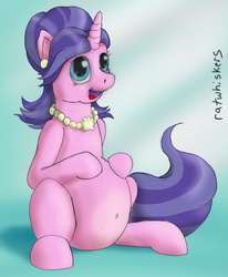 Size: 800x973 | Tagged: safe, artist:ratwhiskers, cookie crumbles, pony, unicorn, g4, belly, big belly, earring, female, hooves on belly, jewelry, mare, necklace, open mouth, open smile, pearl, preggy crumbles, pregnant, sitting, smiling, solo