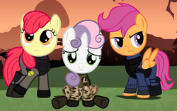 Size: 6400x4000 | Tagged: safe, artist:beavernator, apple bloom, scootaloo, sweetie belle, earth pony, pegasus, pony, unicorn, g4, absurd resolution, camouflage, counter-strike, crossover, cutie mark crusaders, vector